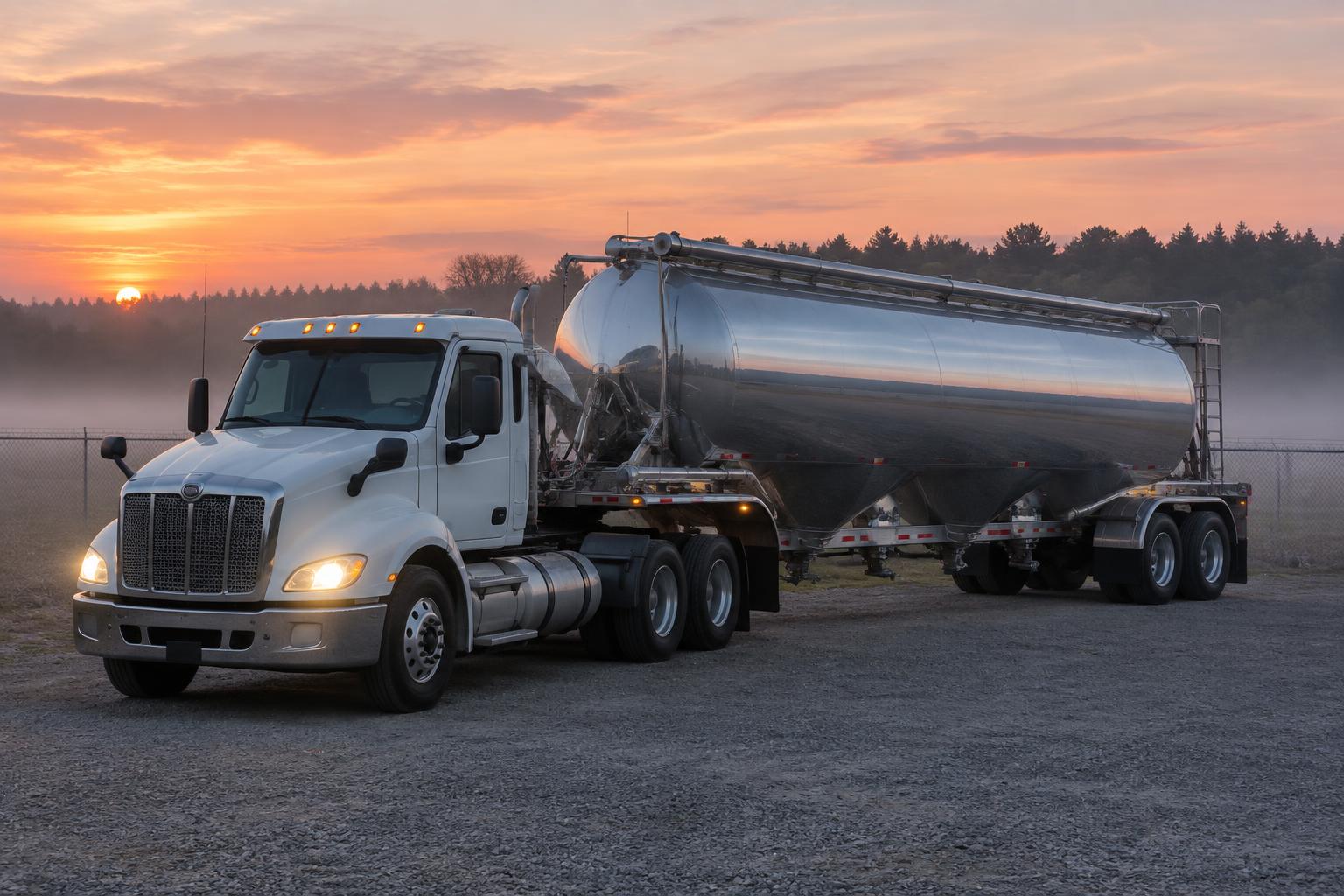 A day cab tractor with a stainless dry bulk tanker trailer parked on gravel at sunrise with fog in the treeline