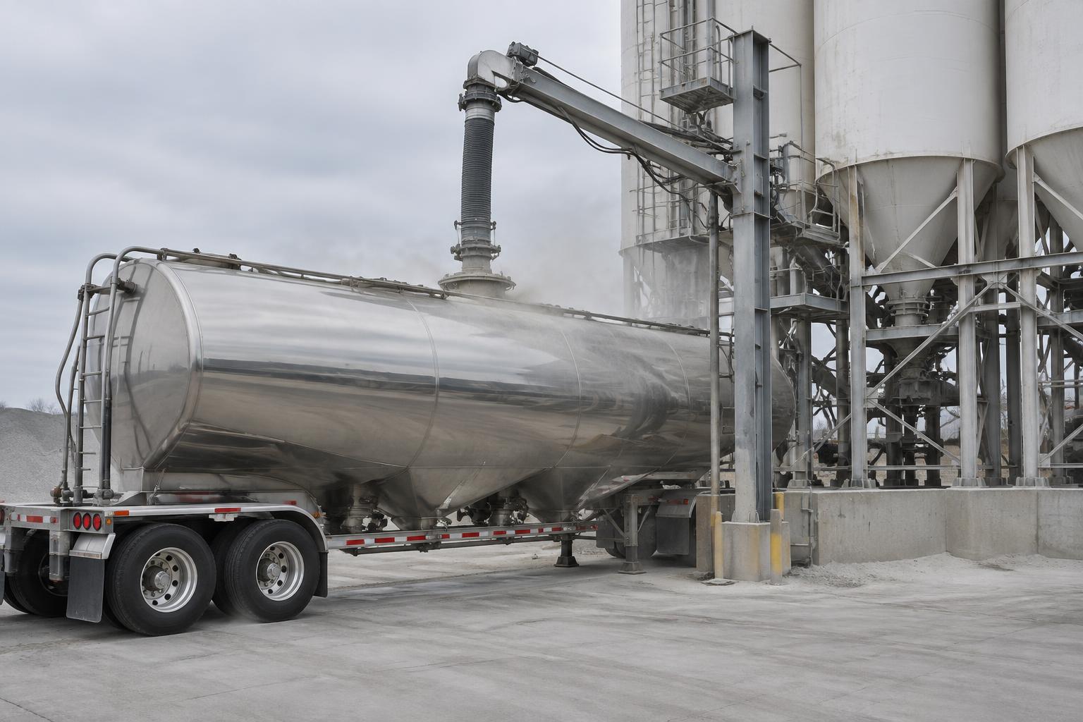 A dry bulk tanker trailer loading through a hose at a cement terminal with tall white silos